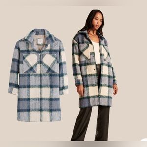Abercrombie Long-Length Wool-Blend Shirt Jacket Blue Plaid